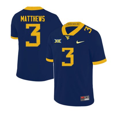 Men's West Virginia Mountaineers NCAA #3 Jackie Matthews Navy Authentic Nike Stitched College Football Jersey YC15P66MA